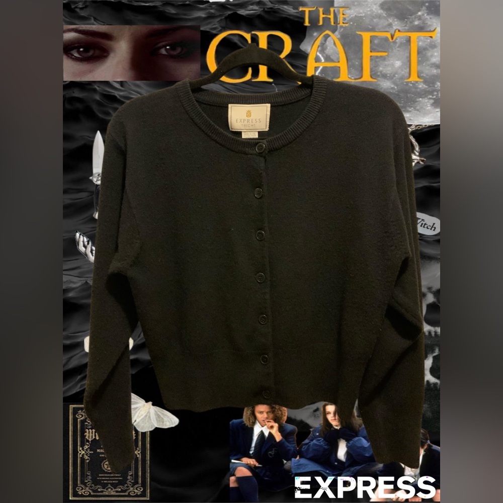 VTG 90s EXPRESS TRICOT Black Crewneck Button-Up 100% Acrylic Cardigan Size M